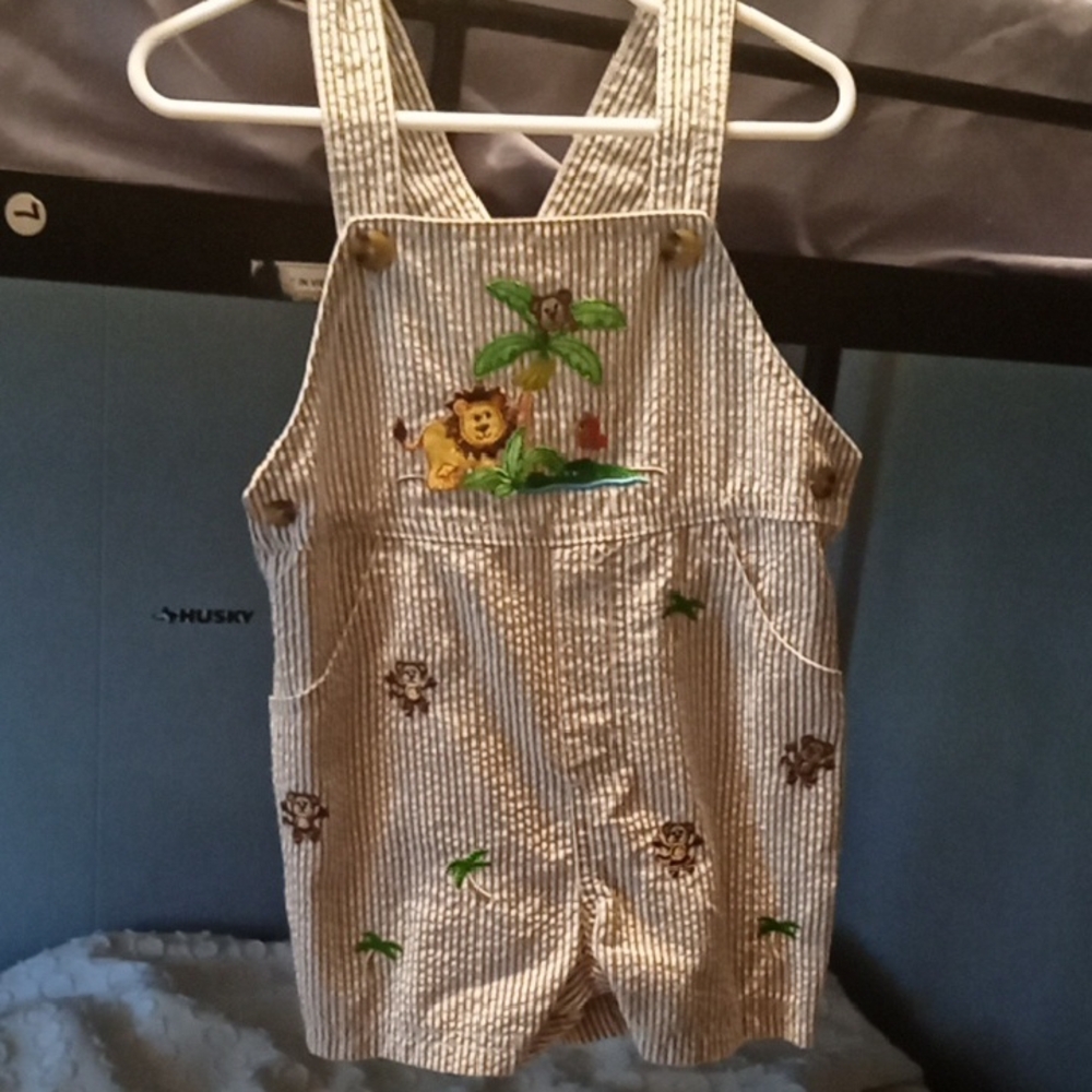 Striped Kids Overalls with Embroidered Animals